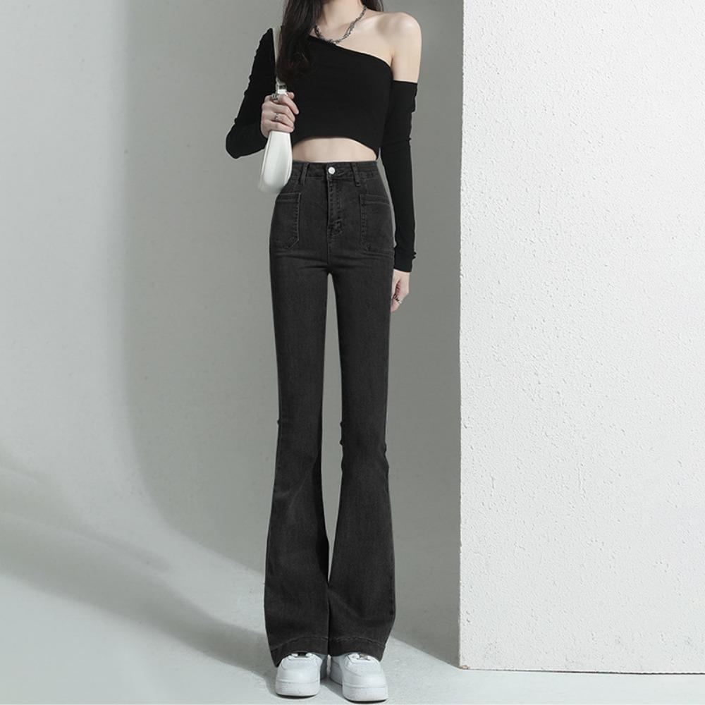 Spring and Autumn New Micro-pull Jeans Women's High Waist Slim-fitting Elastic and Thin Retro Horn Pants Trendy Ins