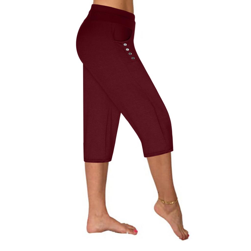 Women's 5-point sports pants, fitness pants, running training loose button wide leg pants