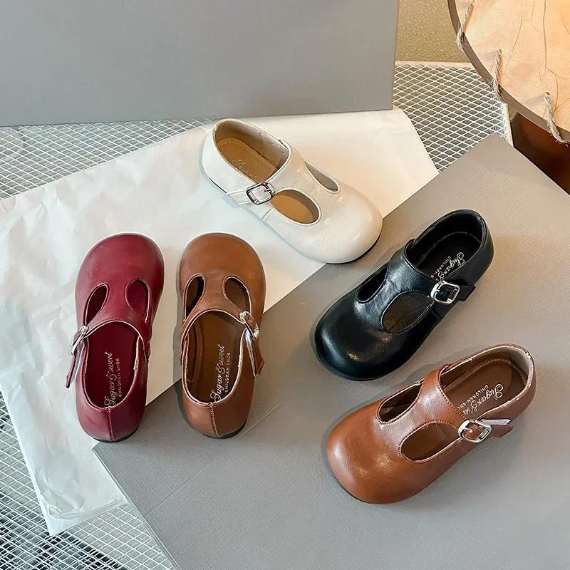 Girls Princess Shoes Black Round Toes New Fashion Kids Performance Shoes Pu Leather Non-slip Children Flat Shoes Hook&loop