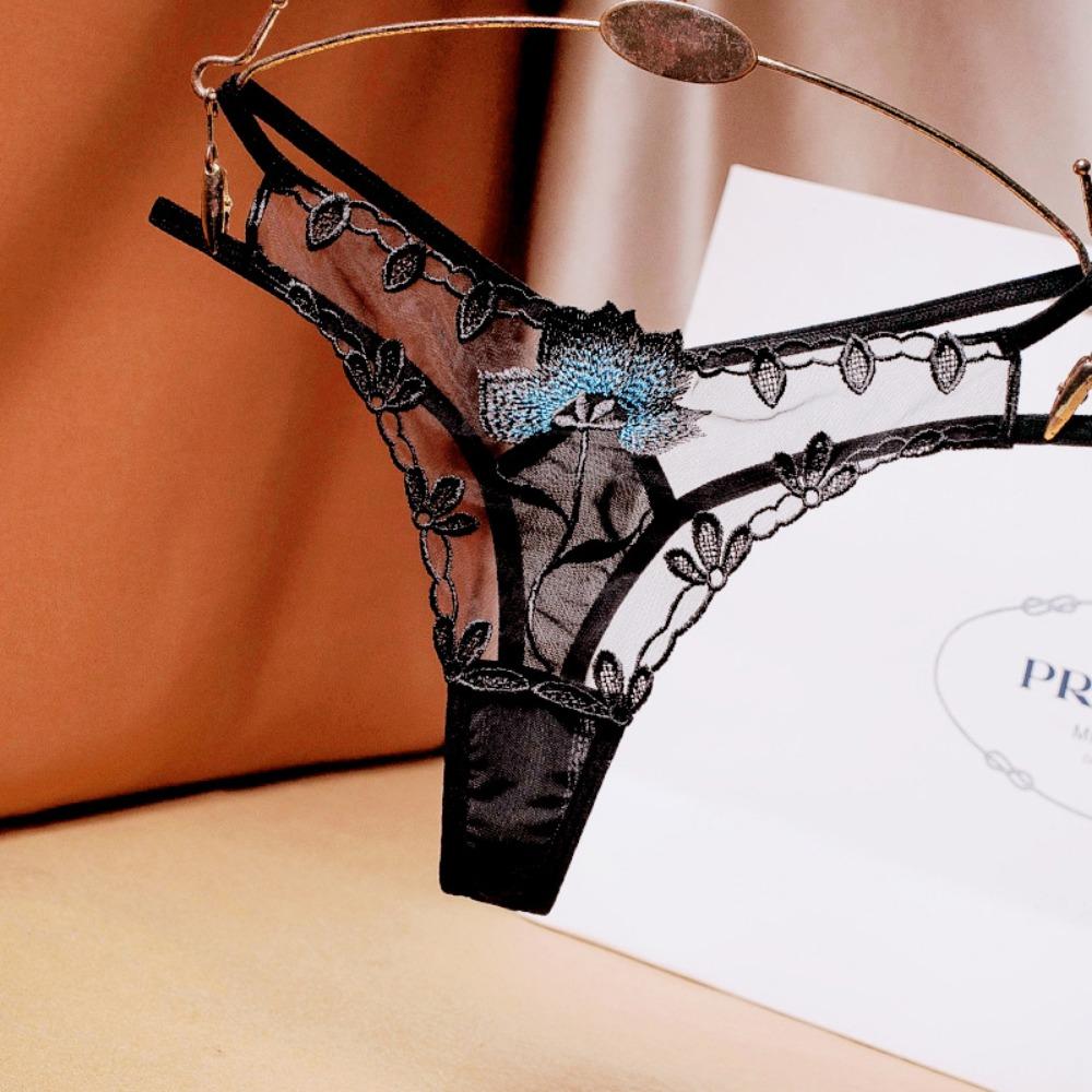[Free Shipping] 2/4 Independent Packs, Black Embroidered Sexy Thong Female Sentiment Perspective Hot Underwear Thin