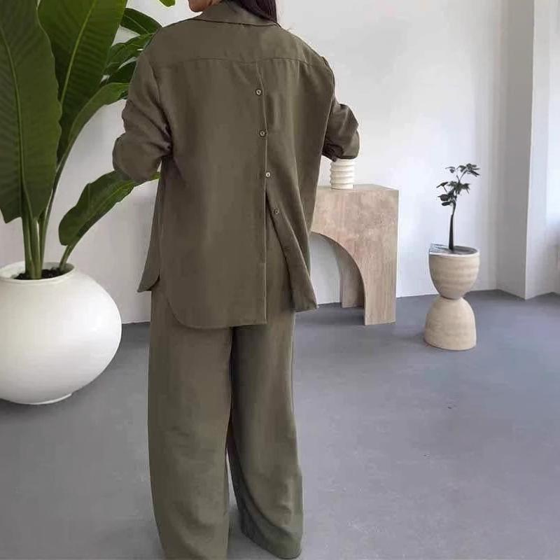 Women's Solid Color Loose Long Sleeve Shirt Elastic Waist Wide Leg Pants Casual Two Piece Outfit Set