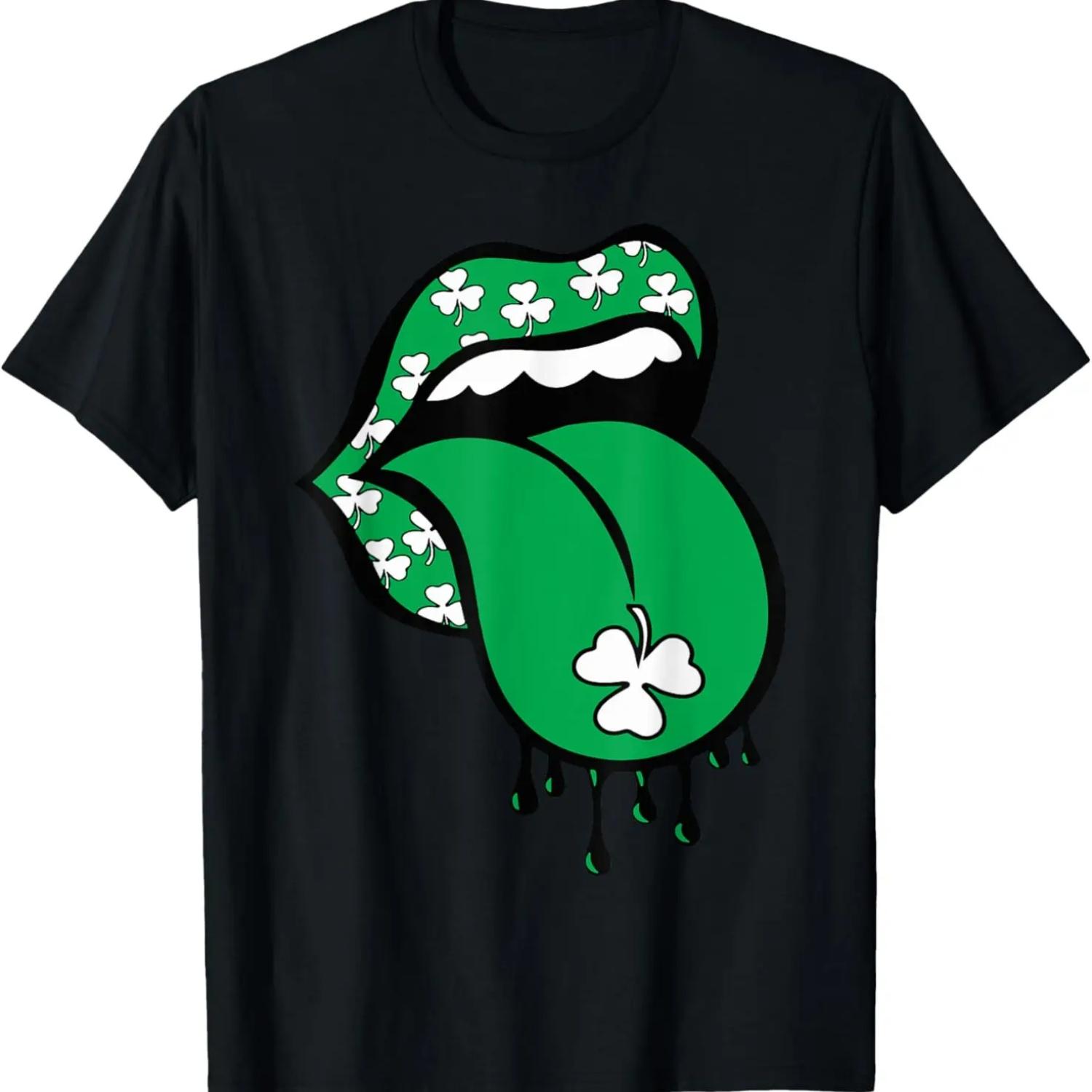 Green Lips Mouth Shamrock Tongue Out Saint Patrick s Day T-Shirt S