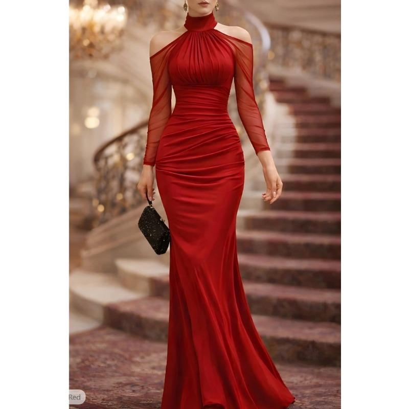 Women Sexy Halter Off Shoulder Long Sleeve Mermaid Long Evening Party Dress