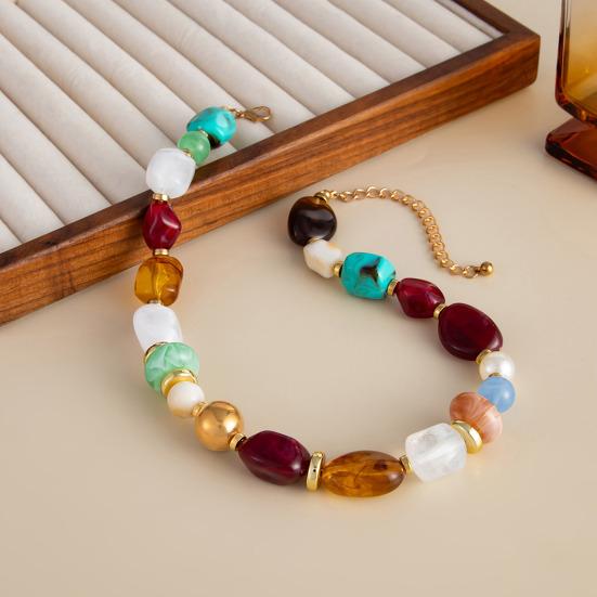 Colar Boho, Gargantilha Colorida de Contas de Resina, Colar Irregular Retrô para Mulheres, Joias Boho de Verão