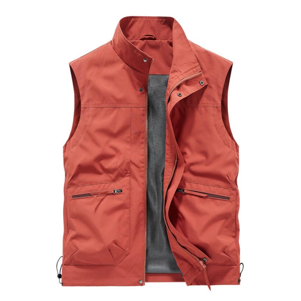 

Весенне-летняя мода мужской рабочий жилет повседневный жилет мужской однотонный стоячий воротник дышащий жилет большой свободный плечевой накидка 5XL красный