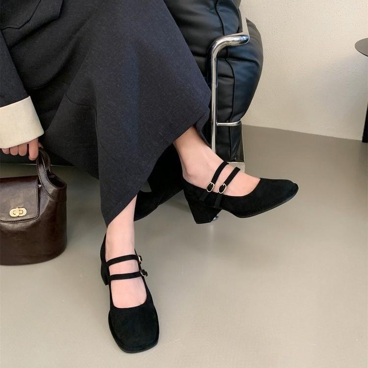 Korean Version Suede Square Head Double Row One-button Thick Heel Light Mouth Single Shoes Women's 2025 Spring and Autumn New Mary Jane Shoes Women