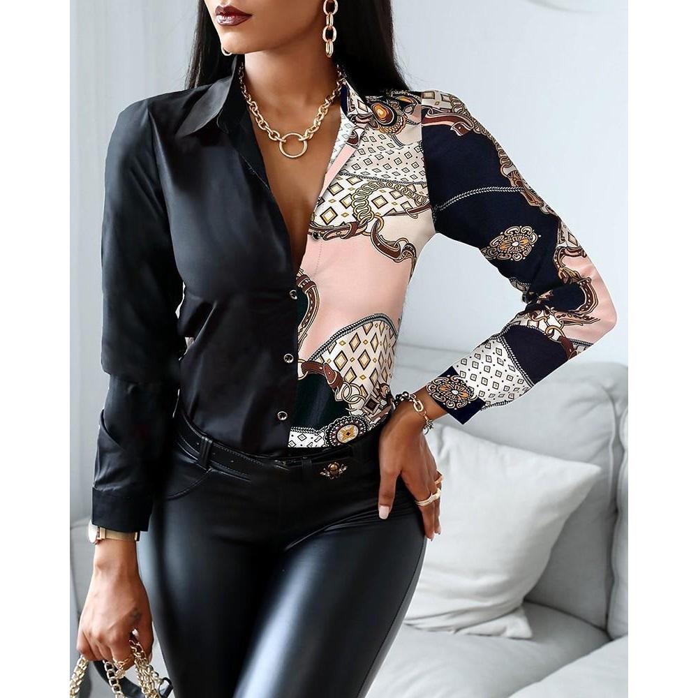Women Fashion Shirt Vintage Autumn Shirt Print Blouse Casual V-neck Long Sleeve Shirt  Blouse