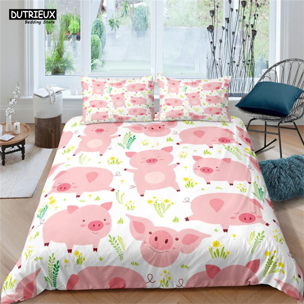 Cartoon Lovely Pig Duvet Cover Set Kawaii Animal Bedding Set King Microfiber Farmhouse Wildlife Theme Comforter Cover Pillowcase