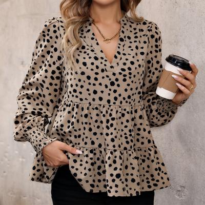 Women's Fashion Casual Leopard Print Long Sleeve V-Neck Blouses & Shirts