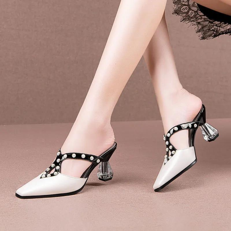 Zapatos De Mujer Women Cute Sweet Light Weight Crystal Pearl Glitter High Heel Shoes Lady Beige Comfy Pumps Ab556