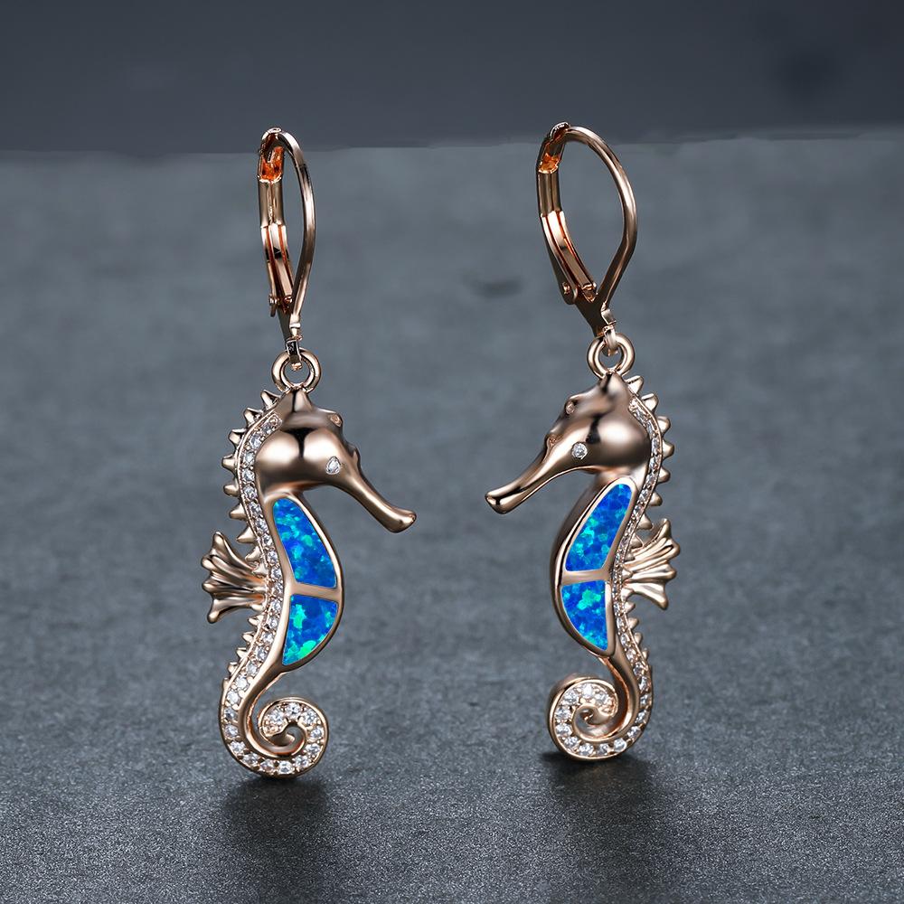 Série Ocean Wind Modrobílé Australské Poklady Mikroosazené Bílými Diamanty Náušnice s Mořským Koníkem