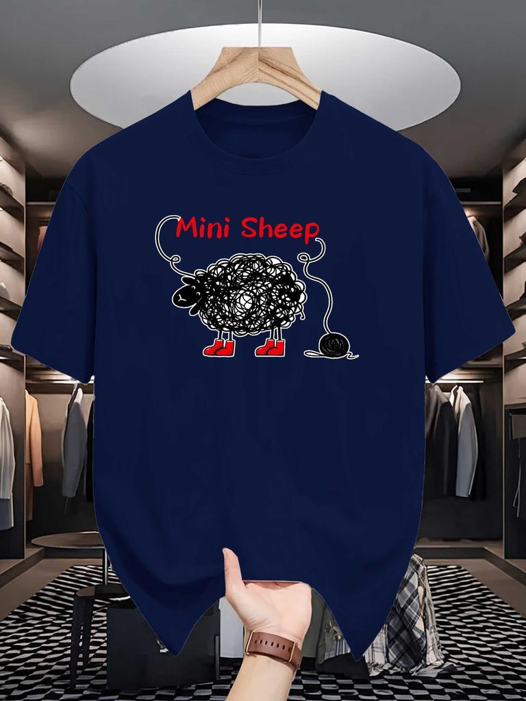 Unisex White Tee Doodle Mini Sheep Yarn Letter Cartoon Graphic Print Crew Neck Short Sleeve Summer Casual Male Cotton Street Top