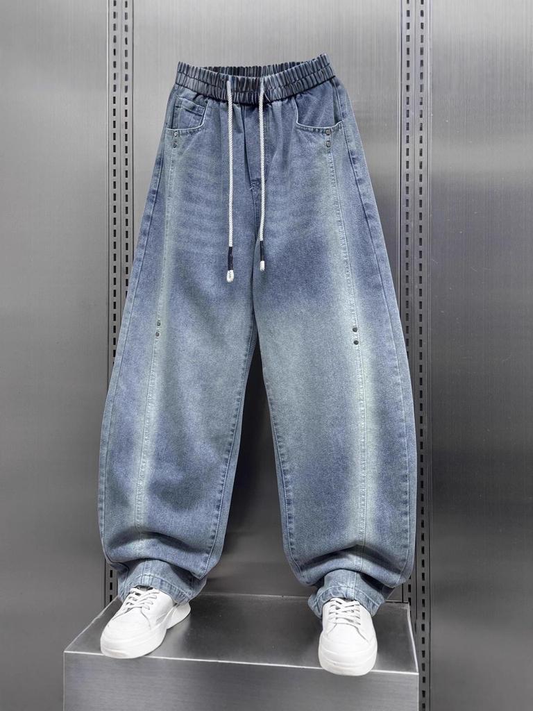 Nowość na wiosnę Męskie Ciężkie Jeansy Patchworkowe Scimitar - Luźne, Szerokie Nogawki, Prosty Krój, Długie do Ziemi Spodnie