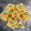 7 Pcs Golden Red Green Metal Dice Circular Hollow Metal Polyhedral Dice Set Suitable for Role-Playing RPG  Board Game Card Game