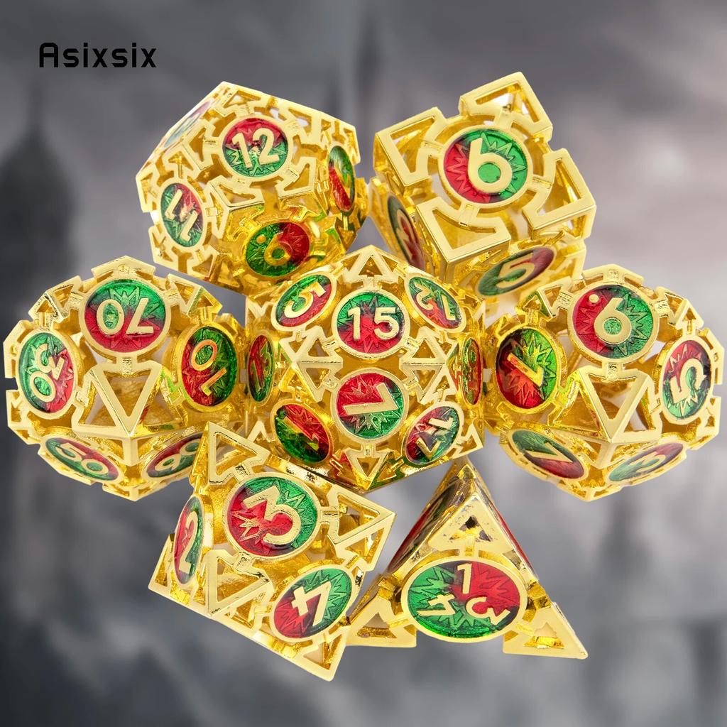 7 Pcs Golden Red Green Metal Dice Circular Hollow Metal Polyhedral Dice Set Suitable for Role-Playing RPG  Board Game Card Game