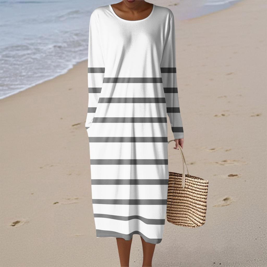 Vestido Feminino Casual de Moda com Manga Longa, Listrado, Bolinhas, Gola Redonda, Bolso, Elegante, com Temperamento