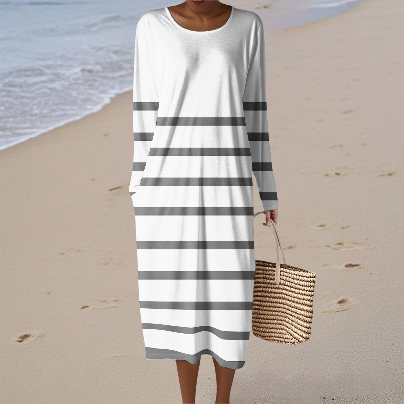 

Женское модное повседневное платье с длинным рукавом, в полоску и горошек, с круглым вырезом и карманом, элегантное и сдержанное. XL белый