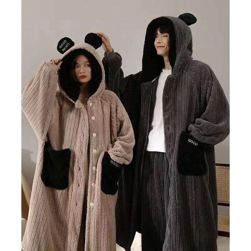 Extra-long Nightgown Pajamas Women's Autumn and Winter One-piece Hooded Coral Fleece Plus Velvet Thick Loose Plus Size Sweater Home Service