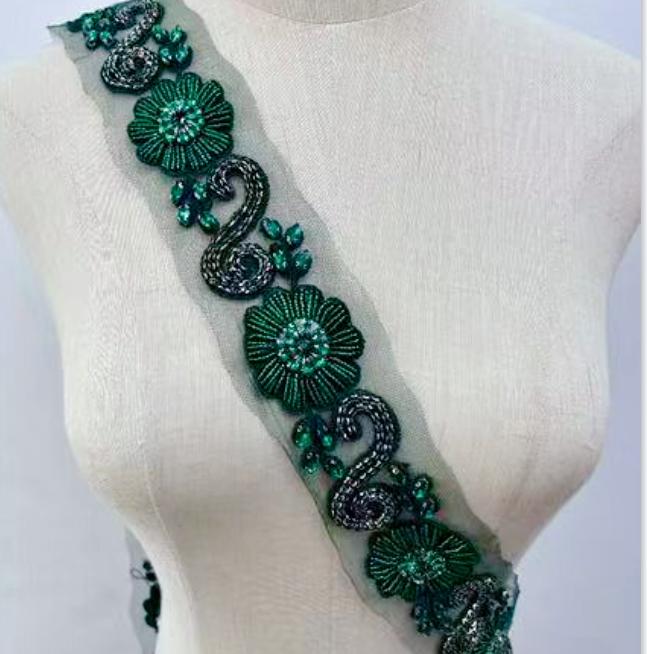 RM-801 Handmade Rhinestone Lace Trim Applique Sequin Beaded Trim for Dress
