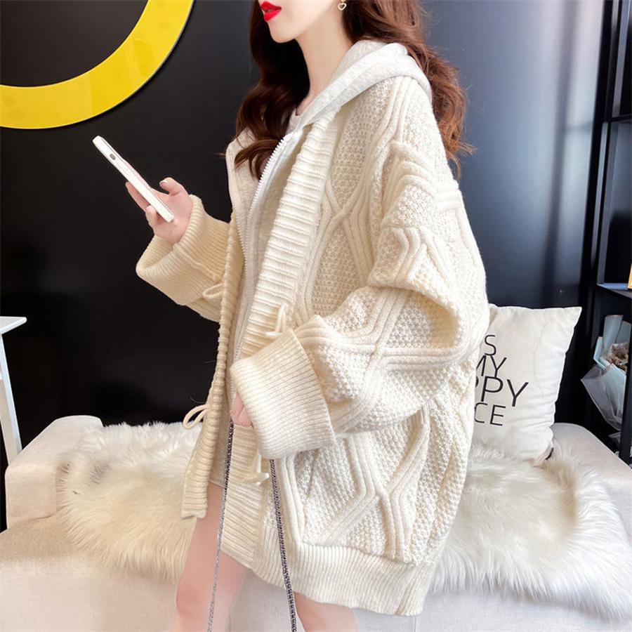Women's Two-Piece Hooded Knit Cardigan Sweater Coat Autumn Fall Loose Lazy Style Long Sleeve