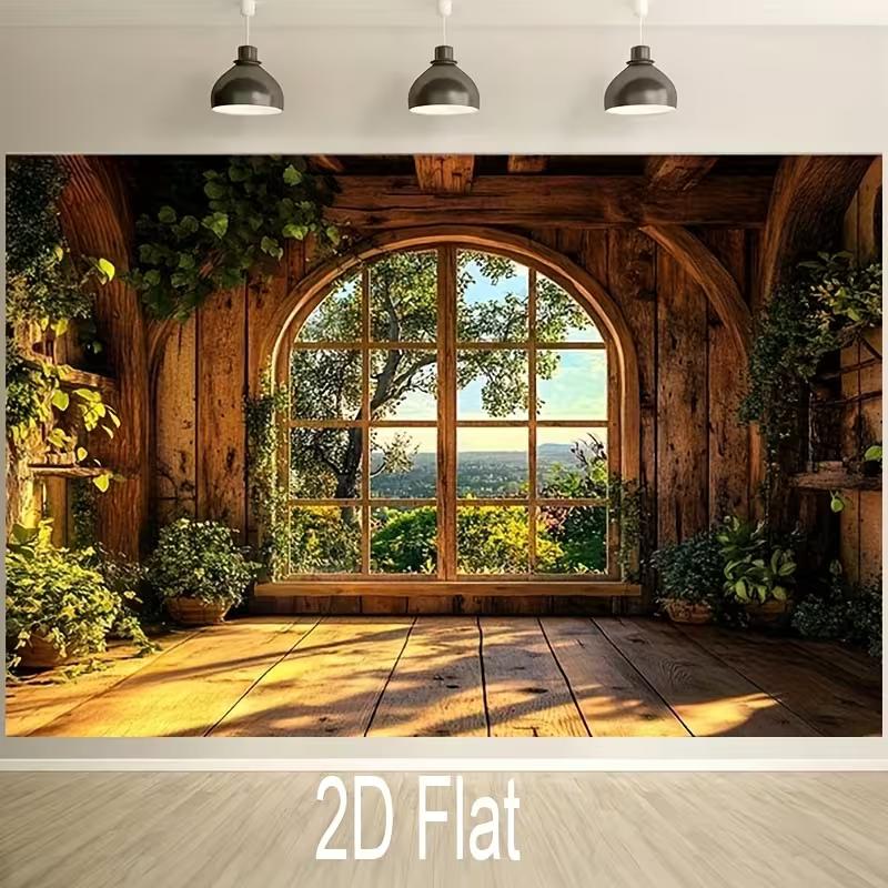 2D Cozy Cottage Background, Arched Window with Nature View Themed Photoshoot Backdrop