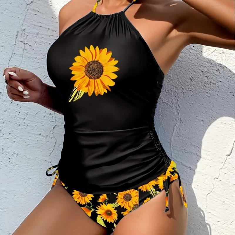 2026 Swimsuit New Neck Split Printed High Waist Bikini Drawstring To Cover Belly Sunflower Thin Split Swimsuit