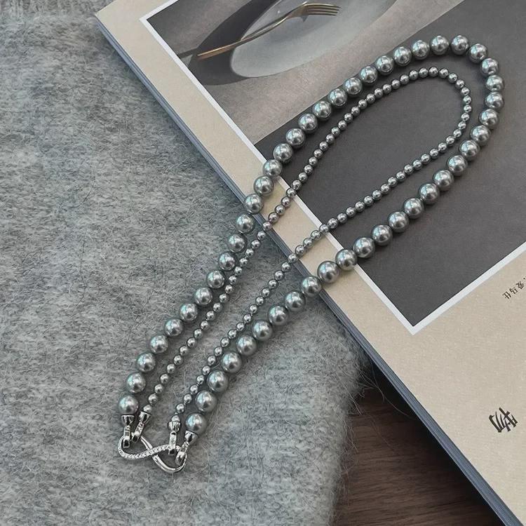 Shijia Pearl Double-Layered Necklace with Detachable 8-Shaped Buckle – Versatile Styles, Hemp Gray Chain.