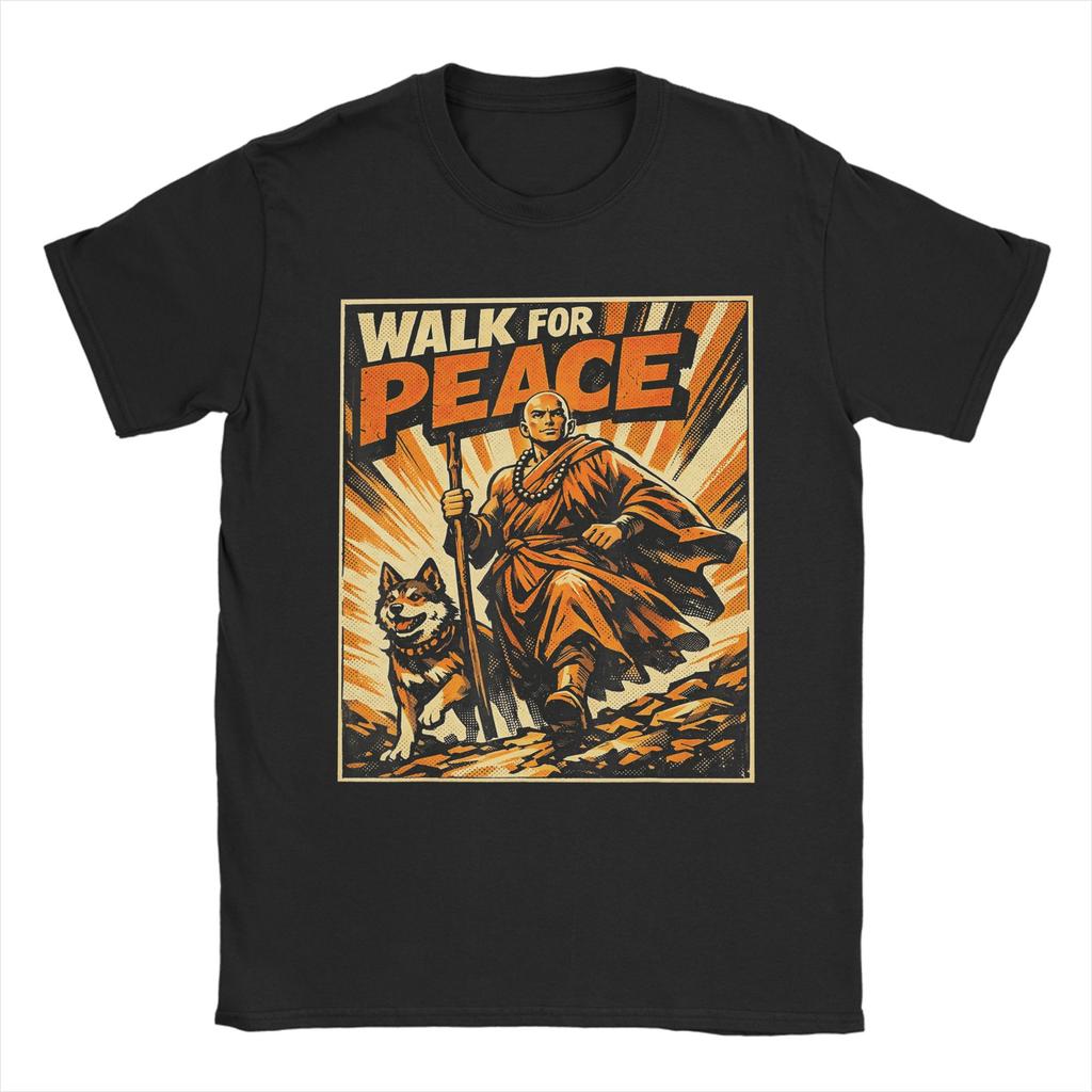 Walk for Peace Buddhist Monks Inspirational Journey TShirts for Men  Vintage  Cotton Tees Round Collar Short Sleeve T Shirt