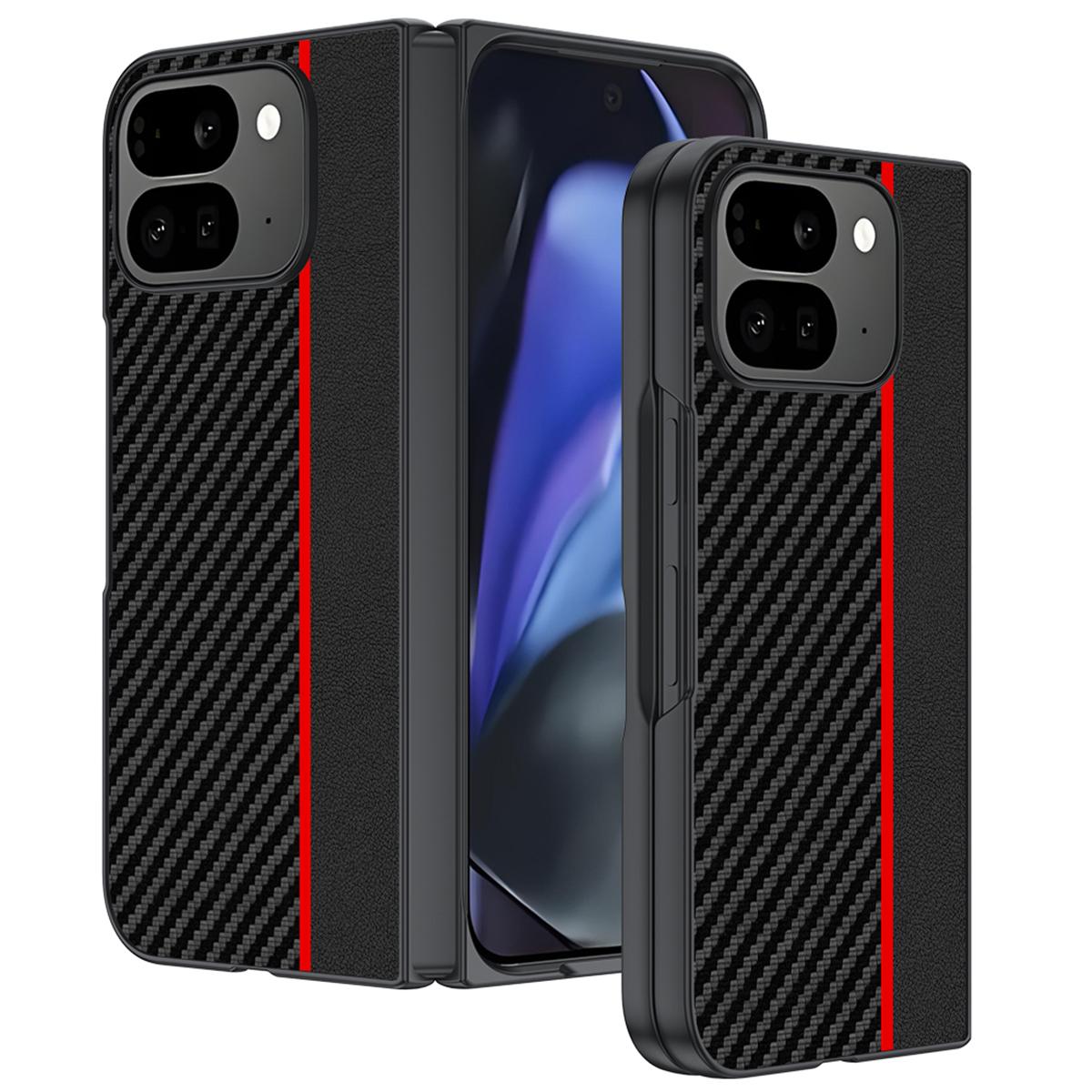 

For Google Pixel 10 Pro Fold Case Carbon Fiber Texture Leather+PC Anti-Drop Folding Phone Cover Black/Red