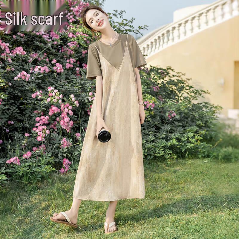 Sibaishae Faux Two-Piece Short-Sleeve Midi Dress XL