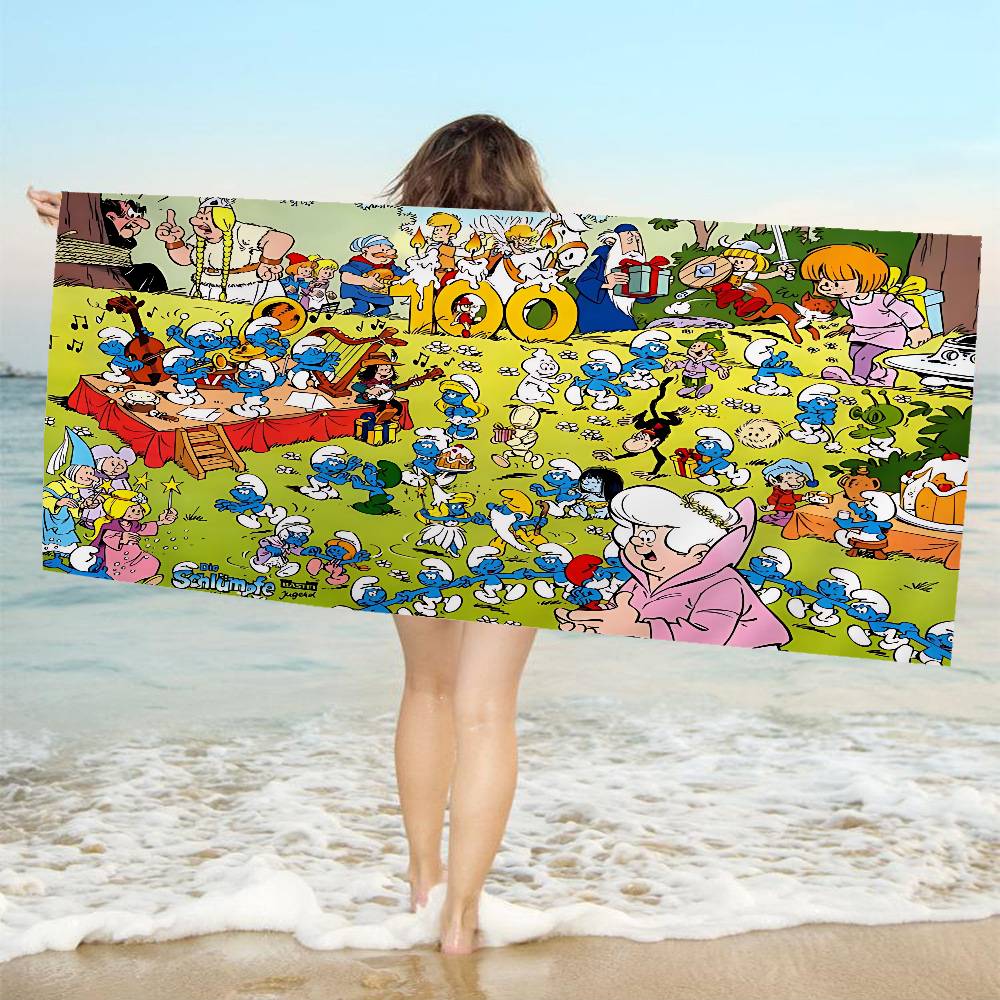 Cartoon Cute S-Smurfs Bath Towel Microfiber Soft Water Absorbing Breathable For Girl Kids Decorative Cartoon Beach Towel
