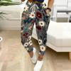 Summer Ladies Two Types of Flowers Printed Sweatpants Loose Fit Drawstring Joggers Elastic Cuff Daily Casual Pants