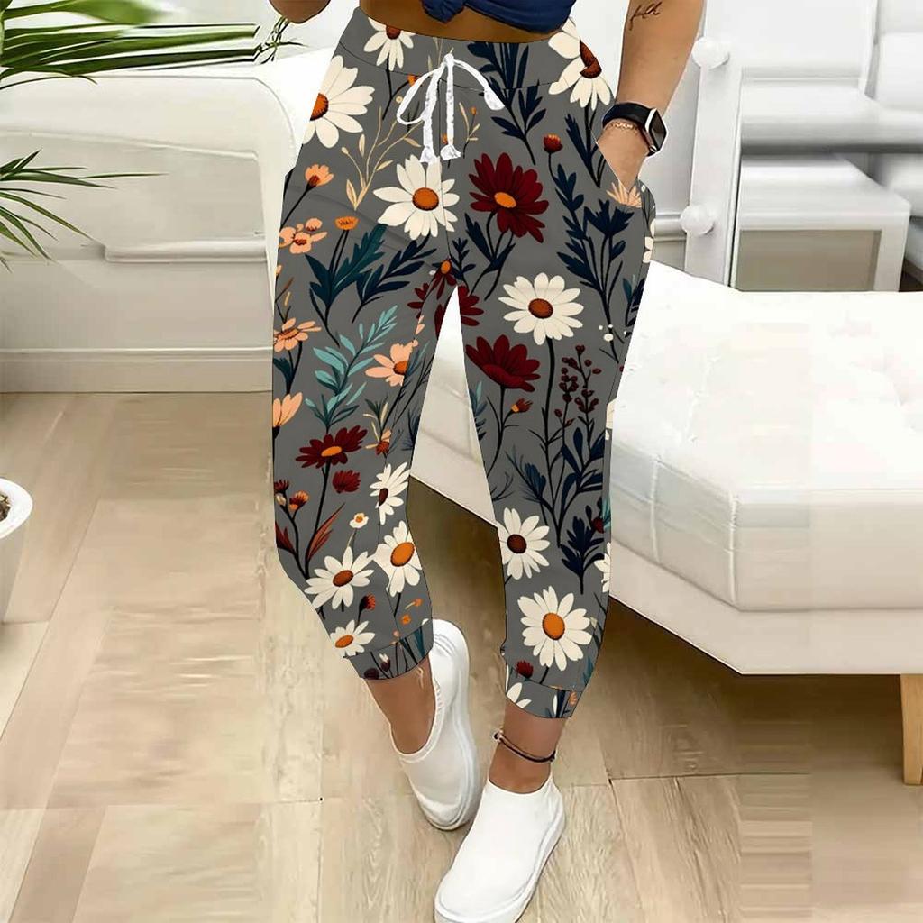 Summer Ladies Two Types of Flowers Printed Sweatpants Loose Fit Drawstring Joggers Elastic Cuff Daily Casual Pants
