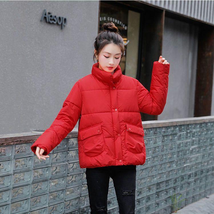 Solid Color Stand Up Collar Cotton Jacket Women's Short Winter Hot Item Simple and Loose Western Style Cotton Jacket