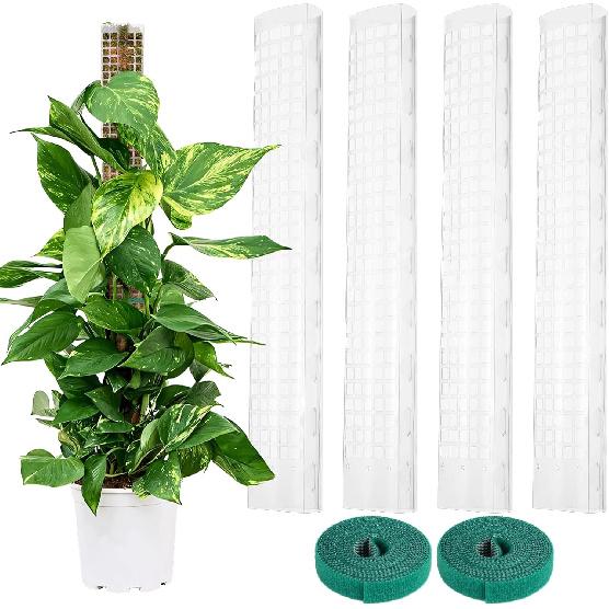4 Pcs Plastic Moss Poles, 24″ Clear Sphagnum Moss Sticks for Indoor Climbing Plants, Stackable Hollow Plant Supports with 10ft Ties, Plant Moss
