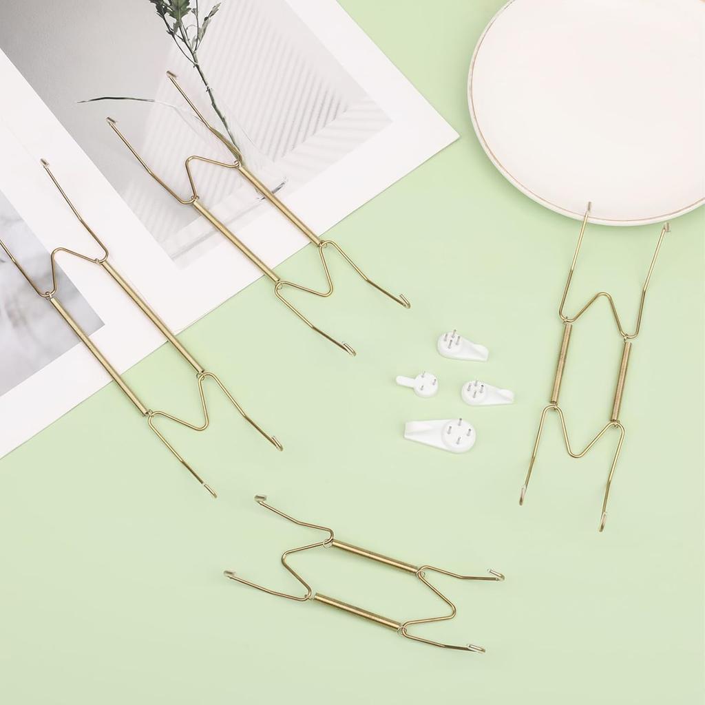 4Pcs Plate Hangers for Walls, 6/8/10/12 Inch Stainless Steel W-Shaped Gold Plate Hooks Vertical Dish Holder Display Wall Mount for Antique Arts