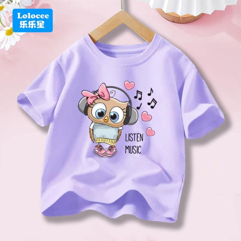Cartoon Music Owl Print T Shirt Girls' Kawaii Graphic Shirts Casual Short Sleeved Kids Tee O-neck Harajuku T-shirts MTYYY1