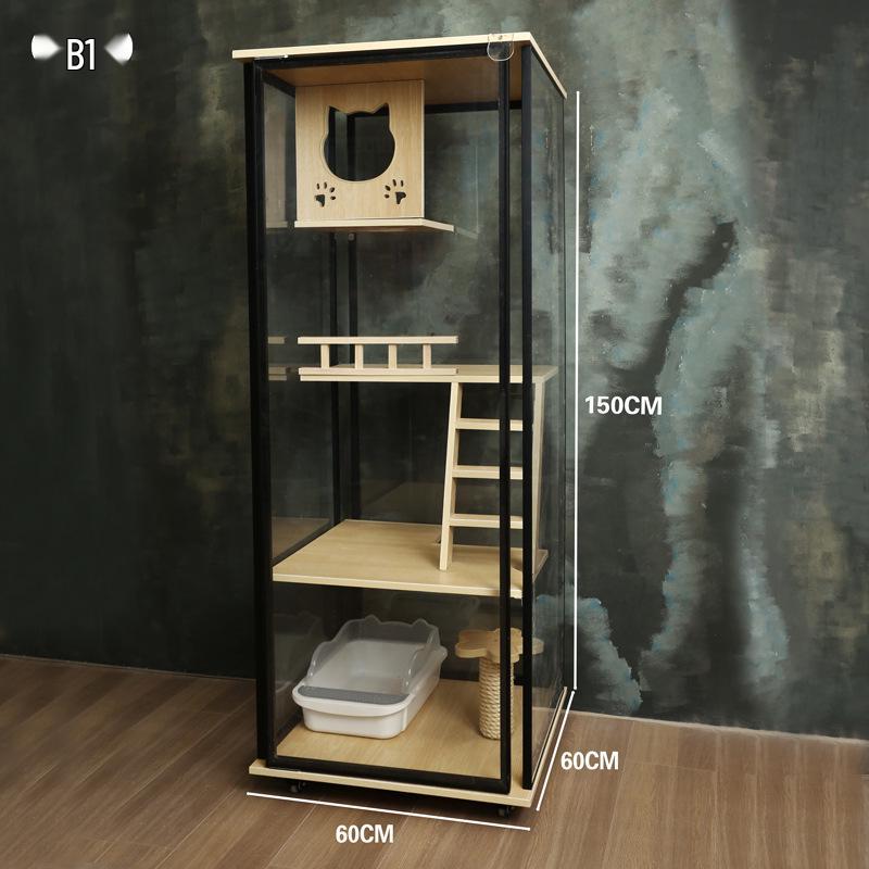 Transparent Three-Layer Luxury Indoor Cat Villa with Spacious Wood Design
