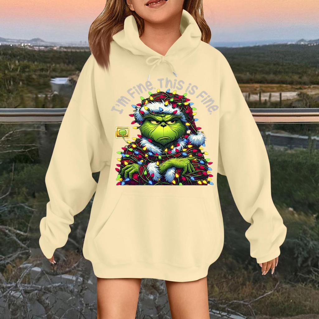 Dětská módní ležérní mikina s dlouhým rukávem, volná, s vánočním potiskem, pulovr s kapucí