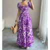 Women's Square Collar Short Sleeve Slim Fit Maxi Dress Floral A-Line Long Dress
