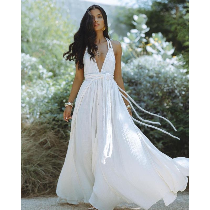 Γυναικείο Φόρεμα Διακοπών Σέξι Ανοιχτή Πλάτη με Λουράκι Μονόχρωμο Φόρεμα Ζώνη Μεγάλη Κίνηση