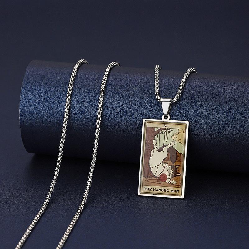 Stainless Steel Epoxy Cat Tarot Card Pendant Necklace For Men Boys Animal Divination Jewelry