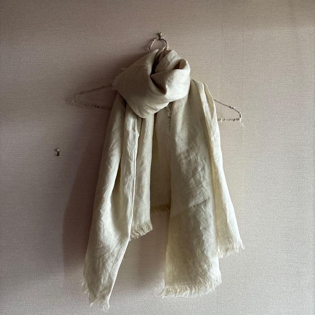 Used Handmade Large Stole, Off-white, Ecru, Ivory, White, Fringe, Linen