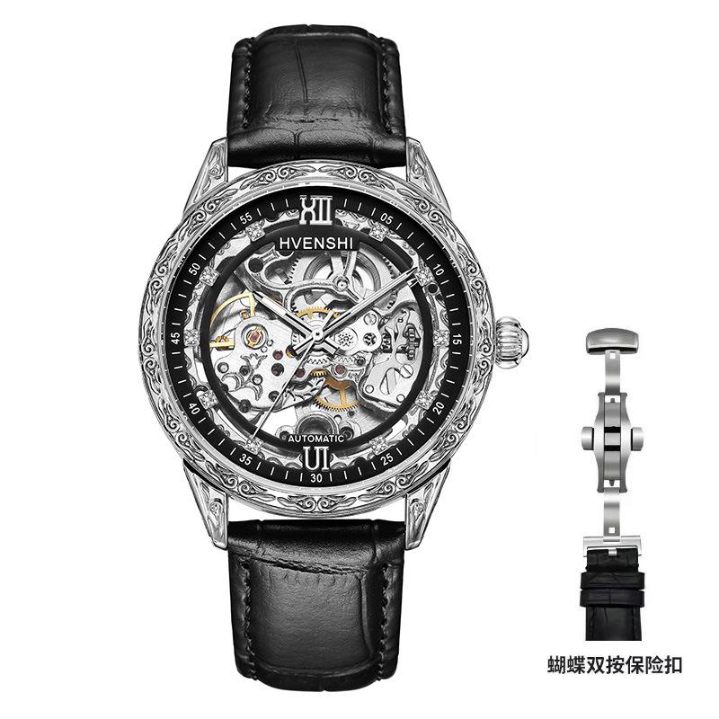 Beliebte gravierte Leder leuchtende mechanische Herren-Automatik-Mechanikuhr Business-Uhr Mode High-End-Uhr