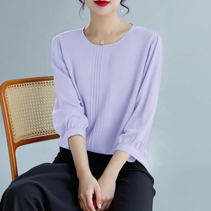 ZANZEA Damen Freizeit Rundhals Einfarbig 3/4 Ärmel Bluse