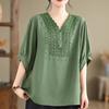 Women's Cotton Linen T-shirt  Summer Retro Loose V-neck  Plus Size Blouse Soft and Skin-friendly Blouse