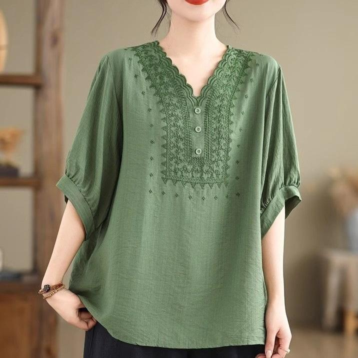 Women's Cotton Linen T-shirt  Summer Retro Loose V-neck  Plus Size Blouse Soft and Skin-friendly Blouse