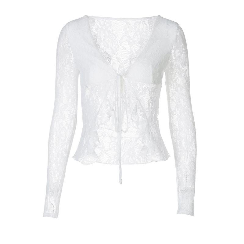 Shemoda Fashion Ins Sexy Semi-Transparent Lace V-neck Cardigan Tether All-Matching Outer Wear Long Sleeves T-shirt Short Top for Women