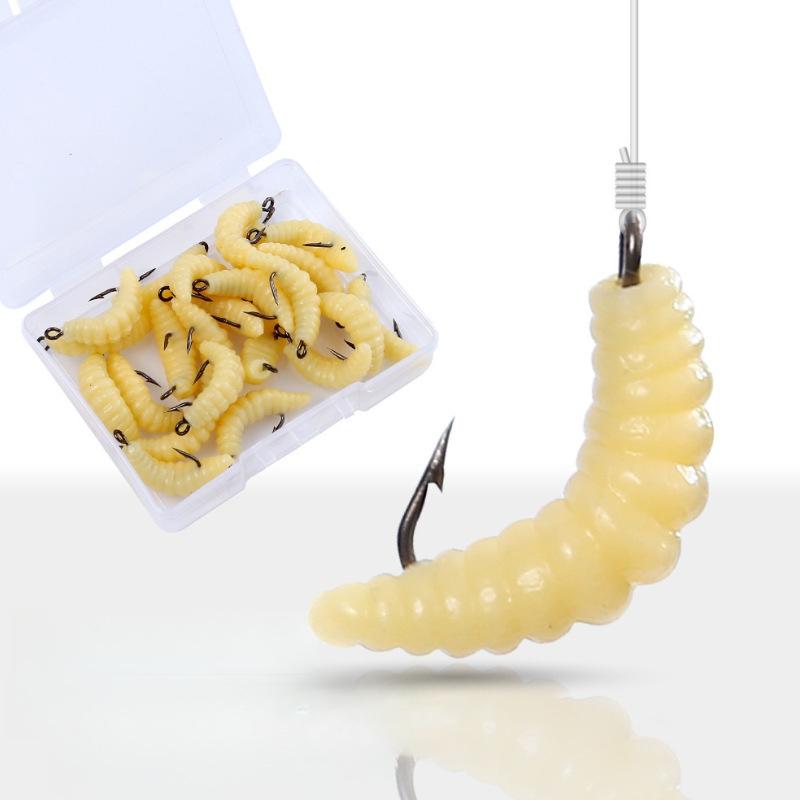 20Pcs Grub Lures Rubber Bread Worm Maggots Fishing Bait Set With Hooks For Bass Trout Crappie Bluegill Freshwater Fishing Parts