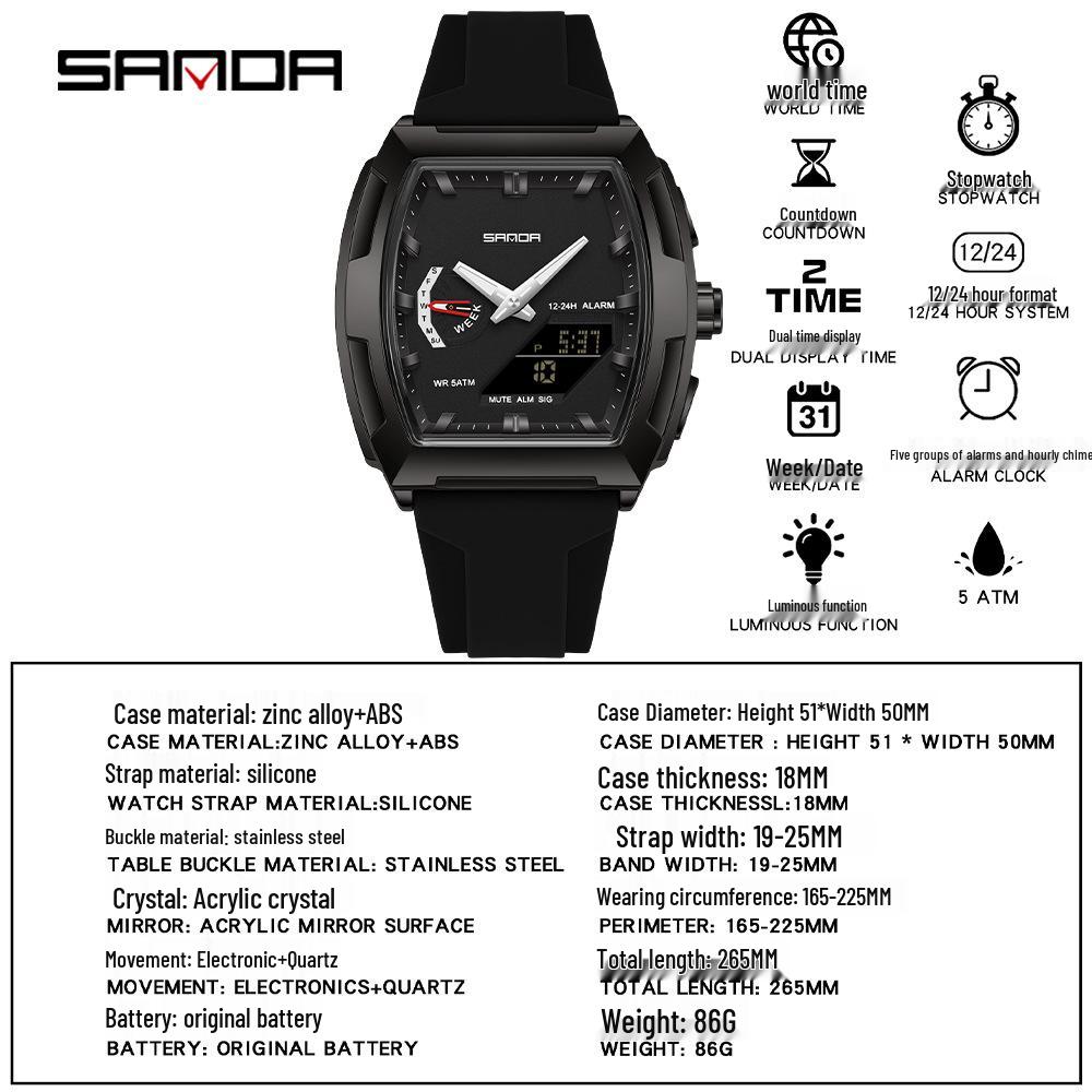 Sanda Trendy Men's Dual Display Luminous Waterproof Electronic Watch - Casual and Versatile with Countdown Timer